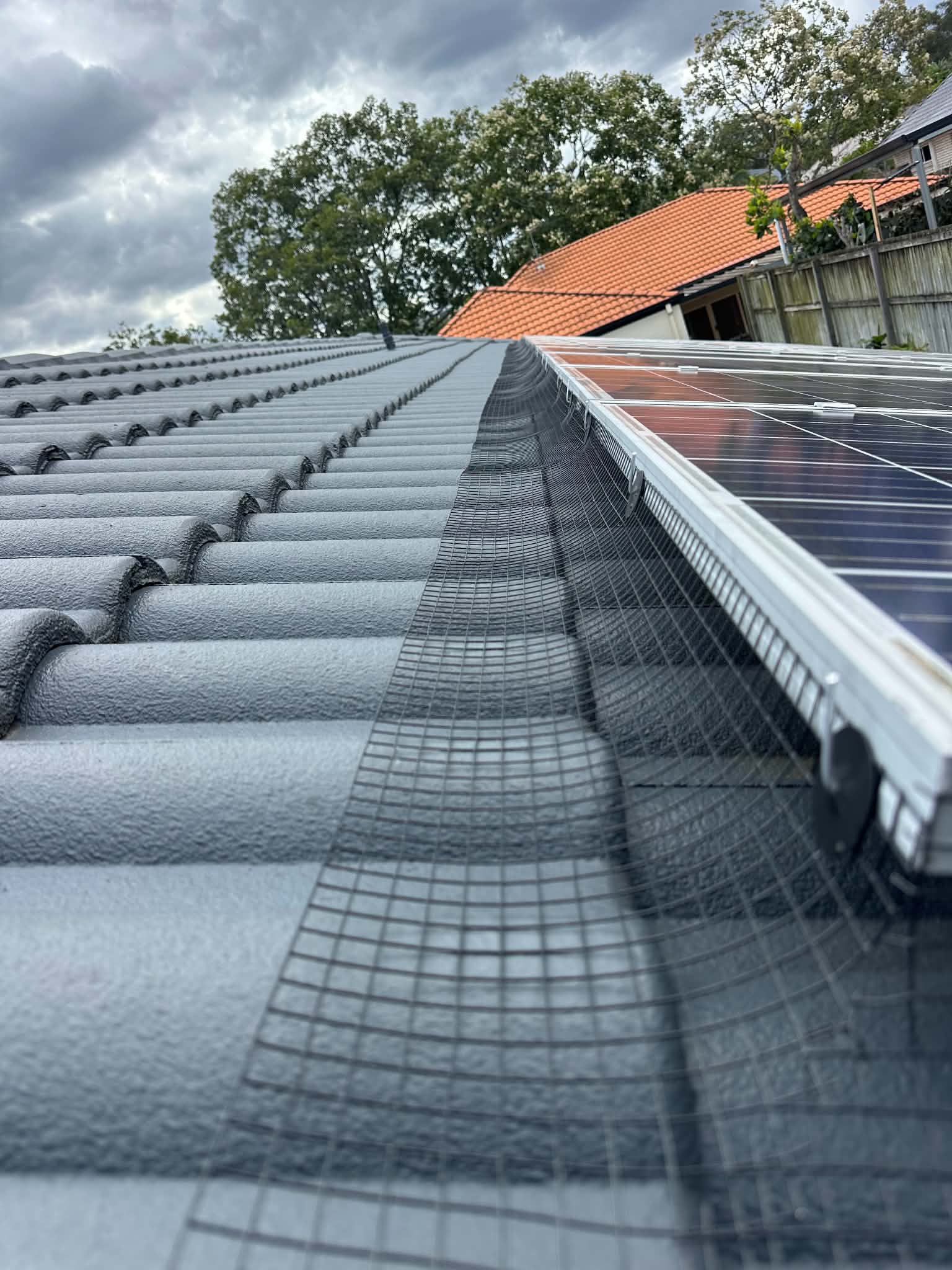Pigeon-proofing mesh fitted along the edge of a solar array on a tiled roof
