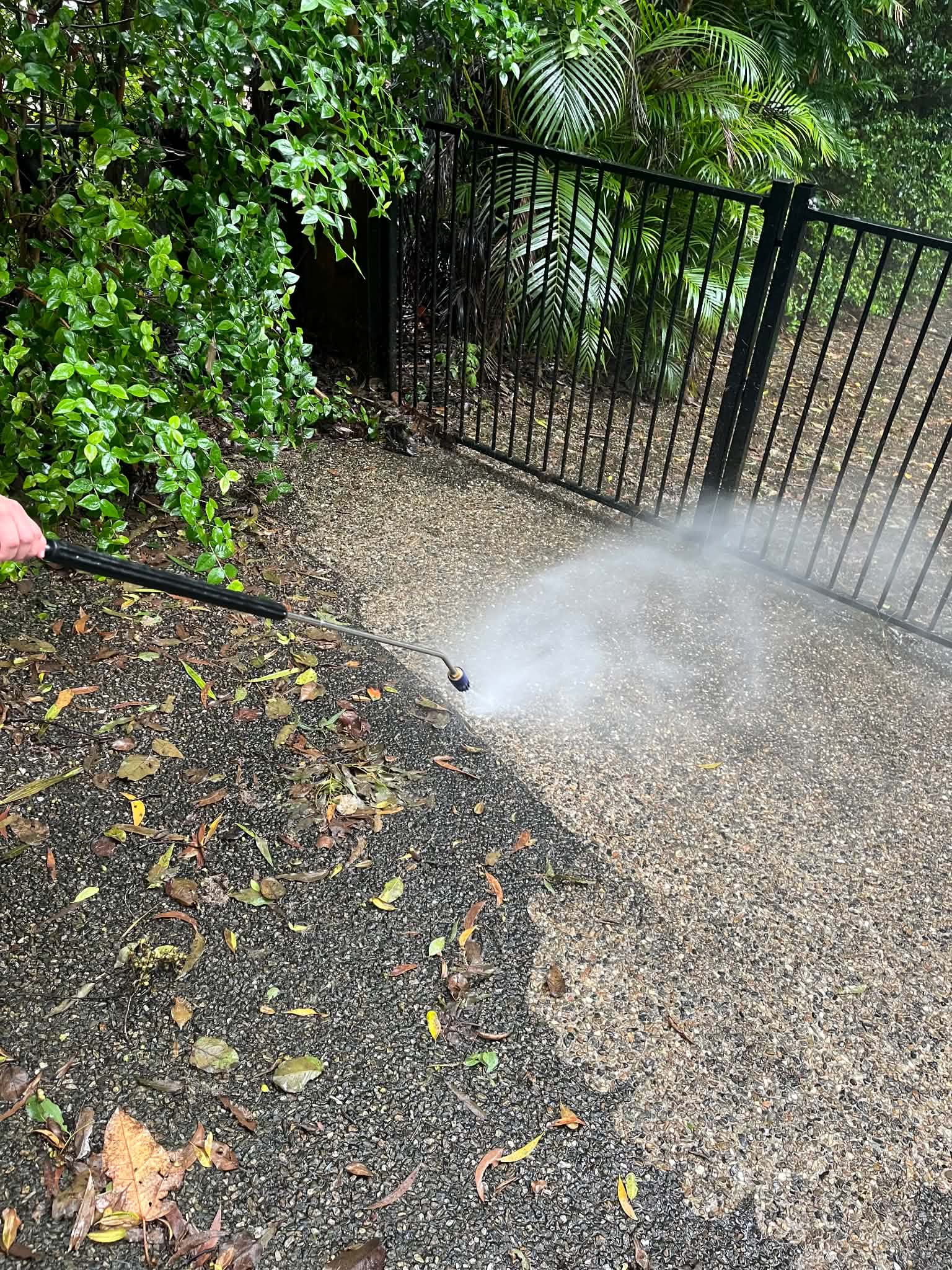 A pressure washer lance cleaning a leaf-covered path beside a black metal gate, with the washed section visibly lighter than the section still to be cleaned